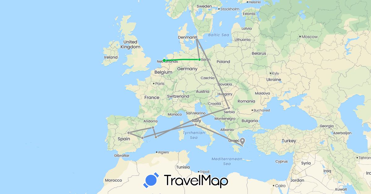 TravelMap itinerary: driving, bus, plane in Germany, Denmark, Spain, Greece, Italy, Netherlands, Serbia (Europe)